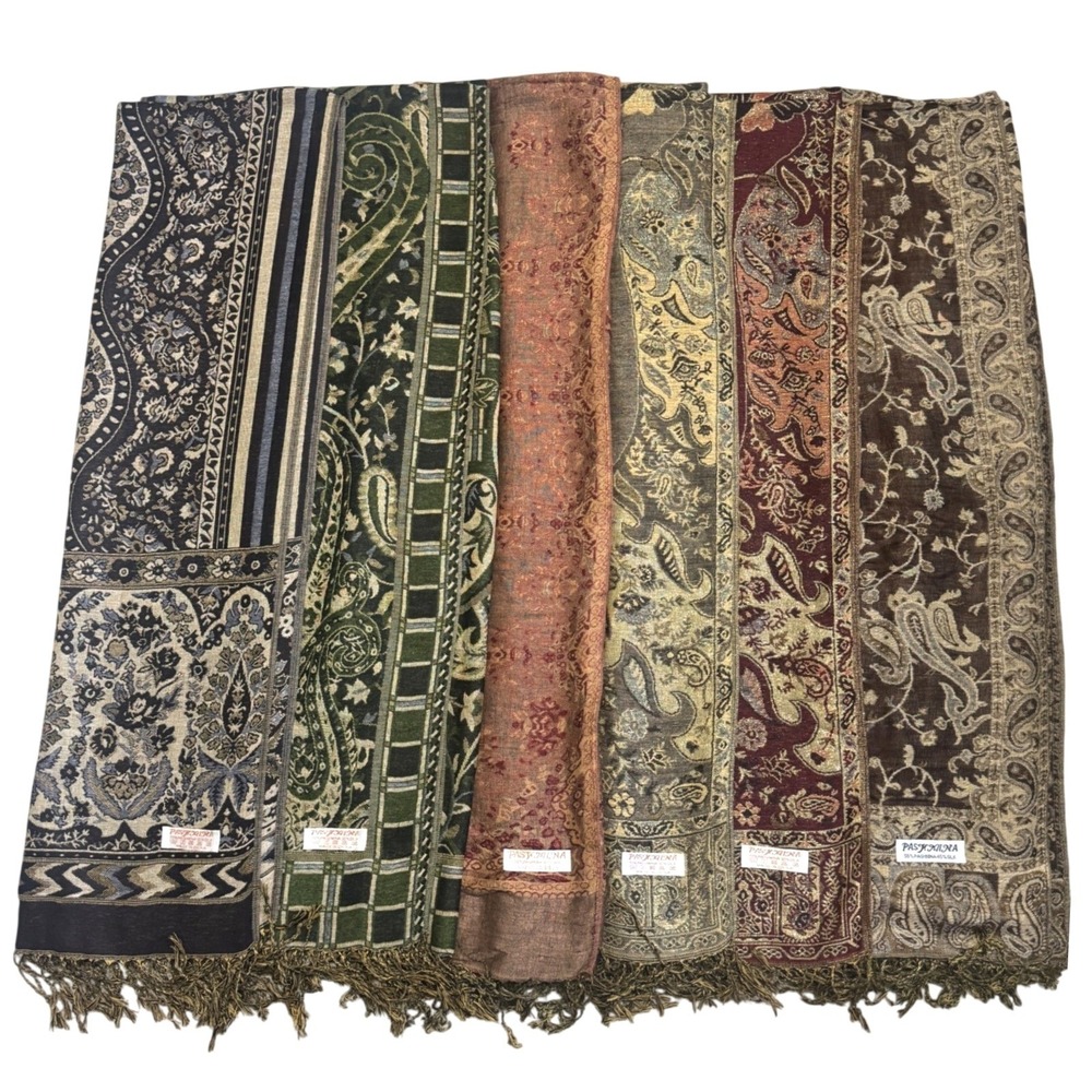 Lot of 6 Pashmina Silk Blend Paisley Floral Scarf Wrap Fringe Shawl Earth Tones